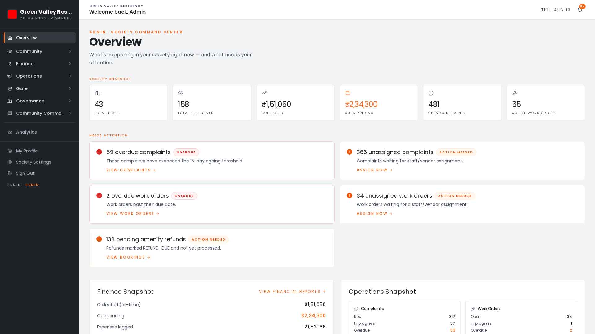 Maintayn admin command-center dashboard